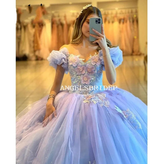 Lilac Quinceanera Dress Puffy Off-Shoulder Sleeves 3D Flowers Vestidos De 15 Anos Formal Party Prom Ball Gown