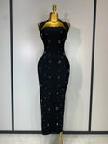 Elegant Sparkly Rhinestone Pearl Halter Backless Bodycon Bandage Long Dress Women Luxury Birthday Evening Party Gowns black