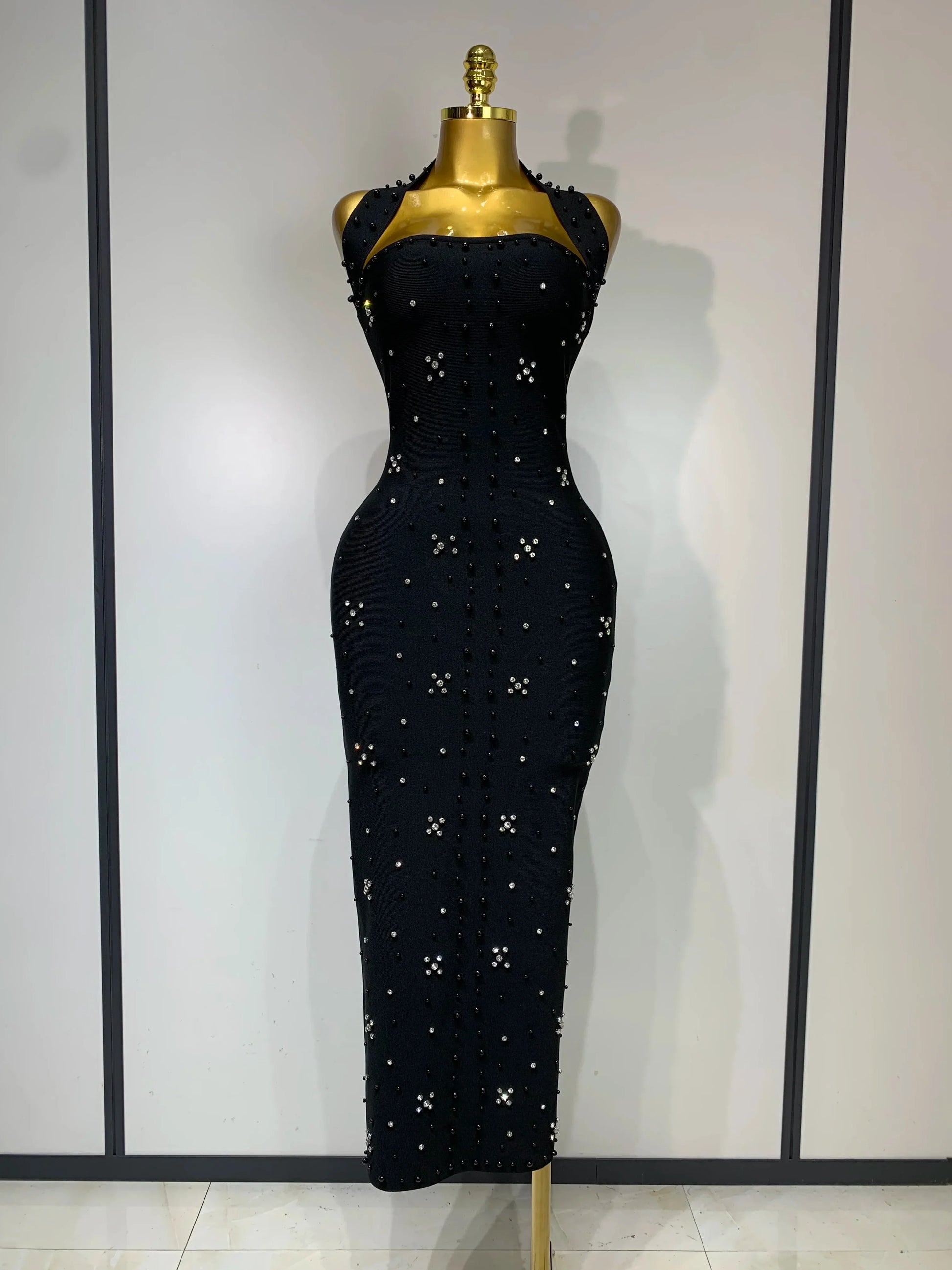 Elegant Sparkly Rhinestone Pearl Halter Backless Bodycon Bandage Long Dress Women Luxury Birthday Evening Party Gowns black