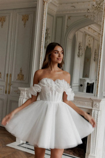 Bella White Mini Off the Shoulder A-line Tulle Prom Dress with Lace-up Back and Sleeveless Design As Picture