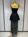 High Quality Black Design Sleeveless Rhinestone Top + Hot diamond Skirt Suit Evening Party Dress Nightclub Luxury Birthday Gown