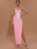 Spring Sexy Women's 3D Flower Pearl Bandage Dress Strapless Sleeveless Bodycon Backless Long Dress Club Party Vestidos Pink