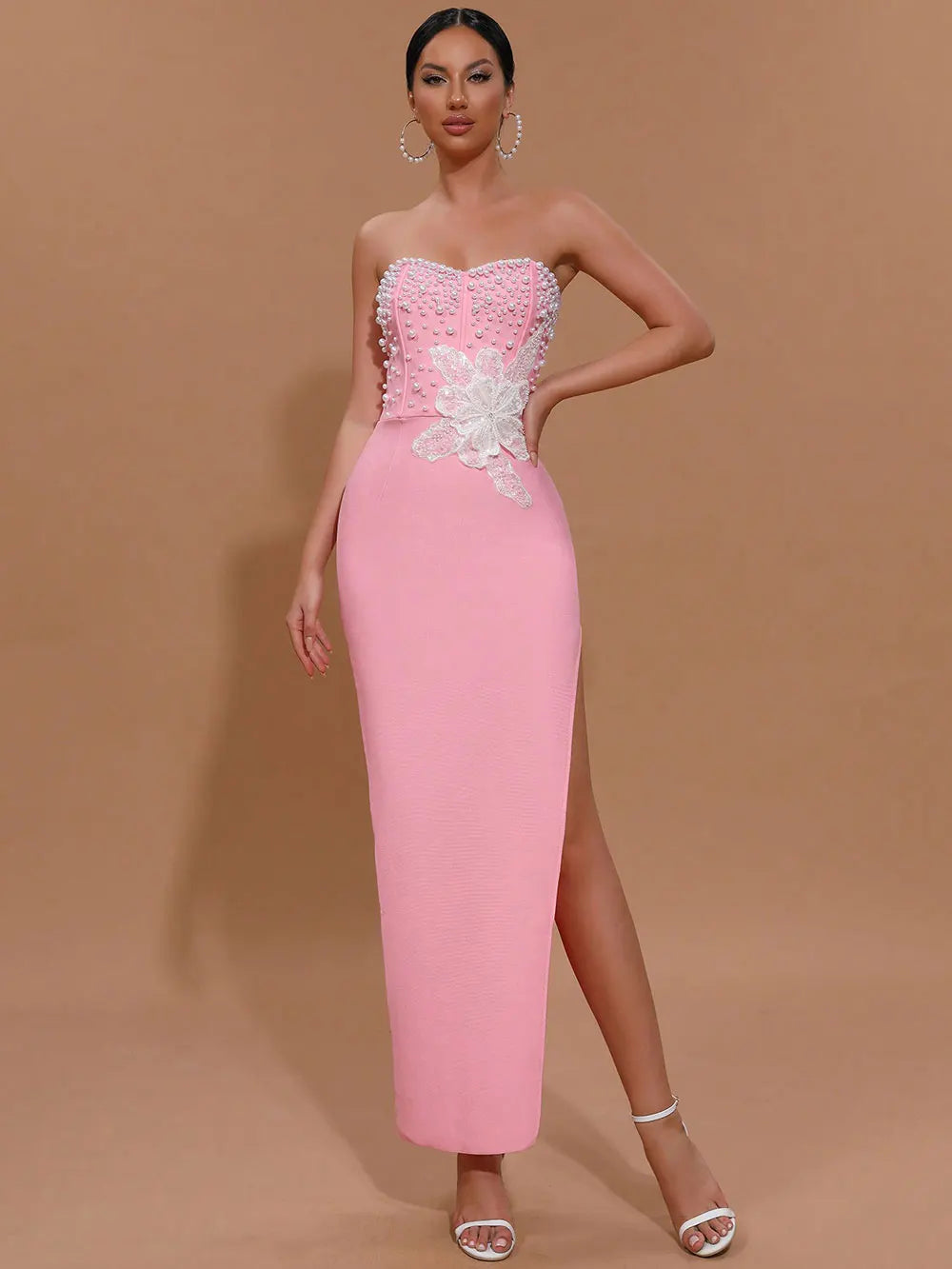 Spring Sexy Women's 3D Flower Pearl Bandage Dress Strapless Sleeveless Bodycon Backless Long Dress Club Party Vestidos Pink