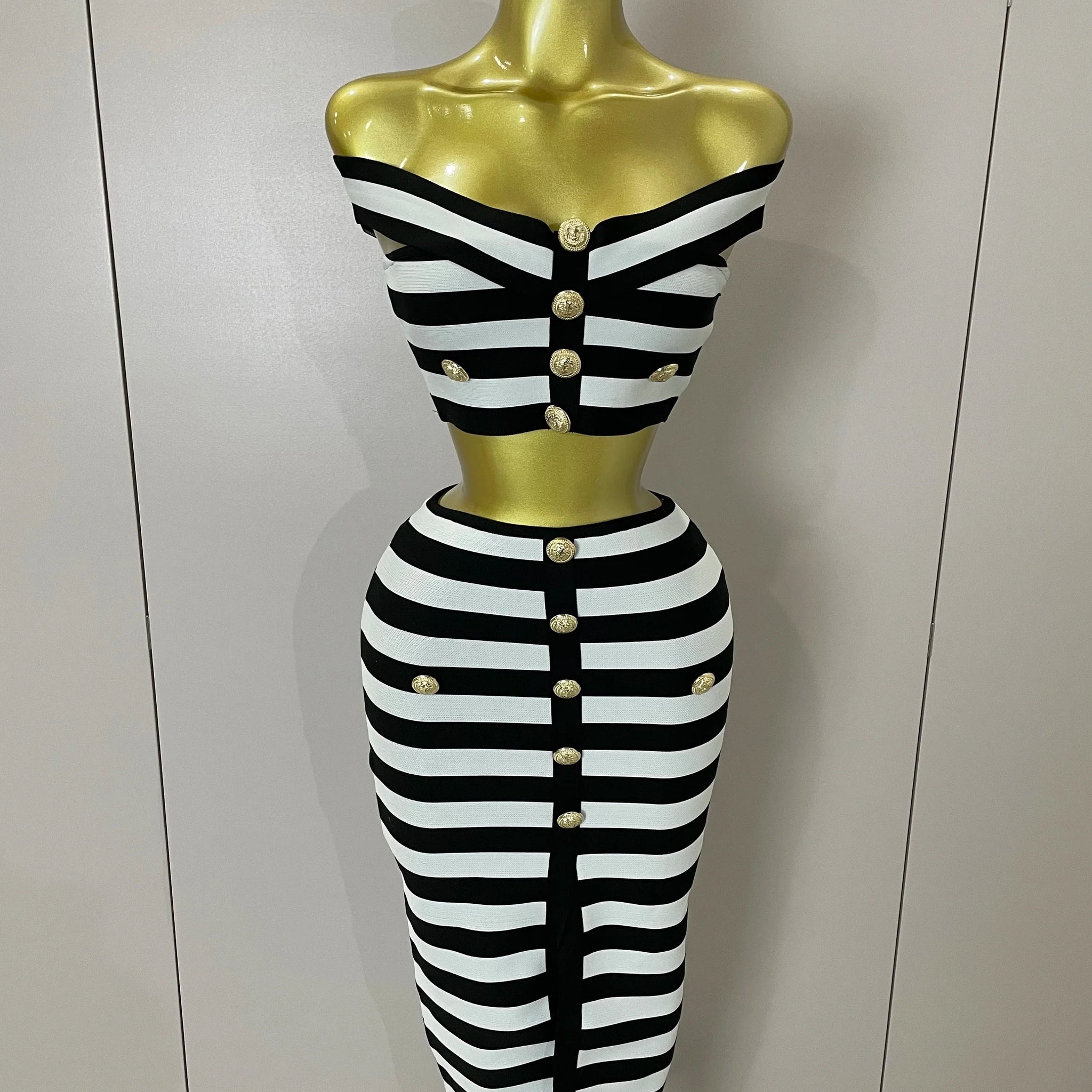 Sexy Off Shoulder Striped Button Two Piece Mini Bandage Set Women Celebrity Designer Evening Party Luxury Birthday Outfit black