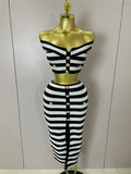 Sexy Off Shoulder Striped Button Two Piece Mini Bandage Set Women Celebrity Designer Evening Party Luxury Birthday Outfit black