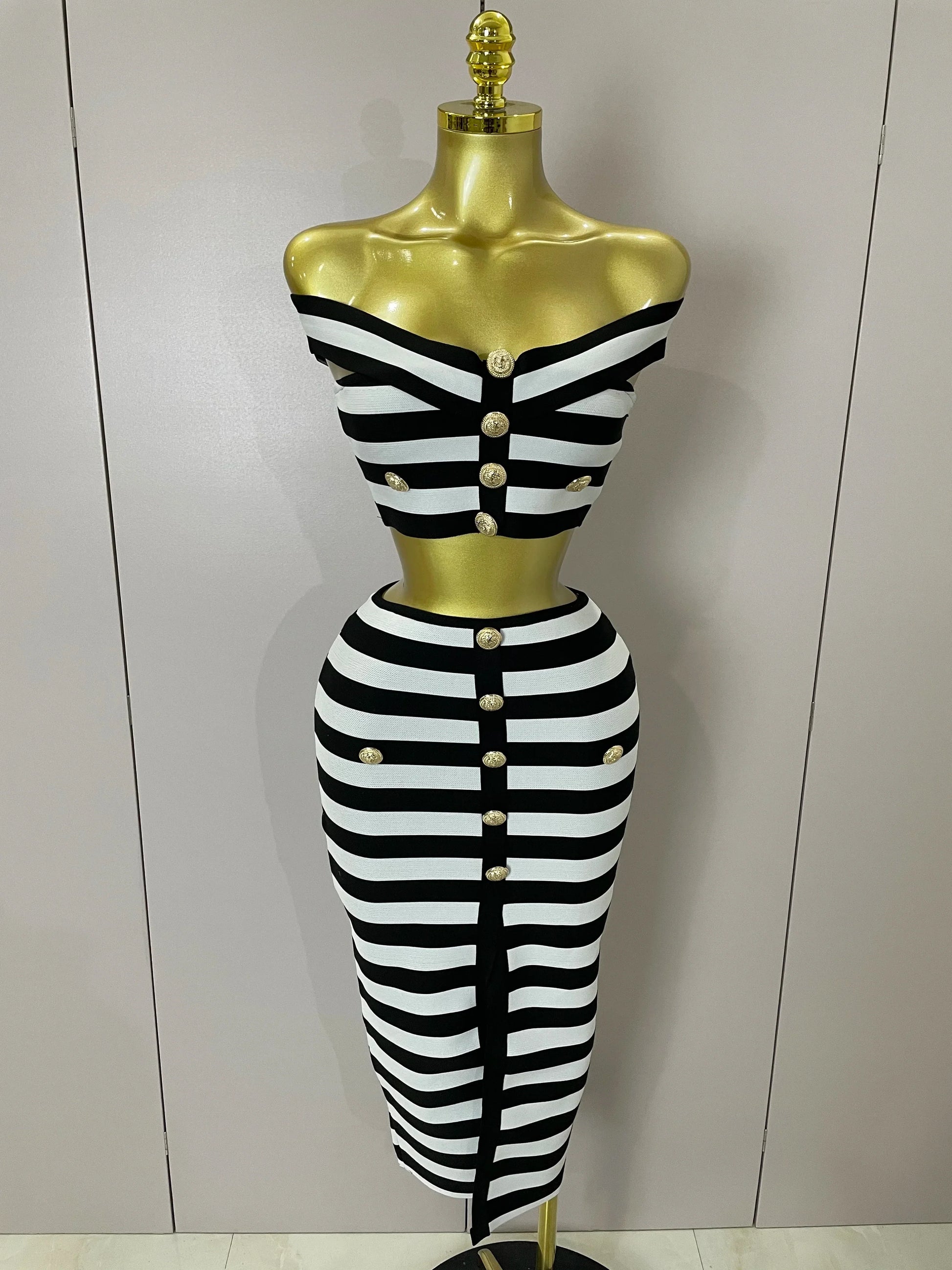 Sexy Off Shoulder Striped Button Two Piece Mini Bandage Set Women Celebrity Designer Evening Party Luxury Birthday Outfit black
