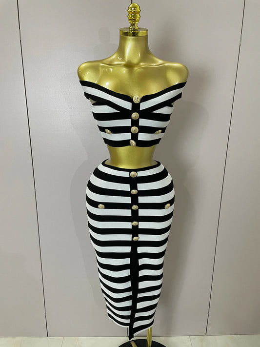 Sexy Off Shoulder Striped Button Two Piece Mini Bandage Set Women Celebrity Designer Evening Party Luxury Birthday Outfit black