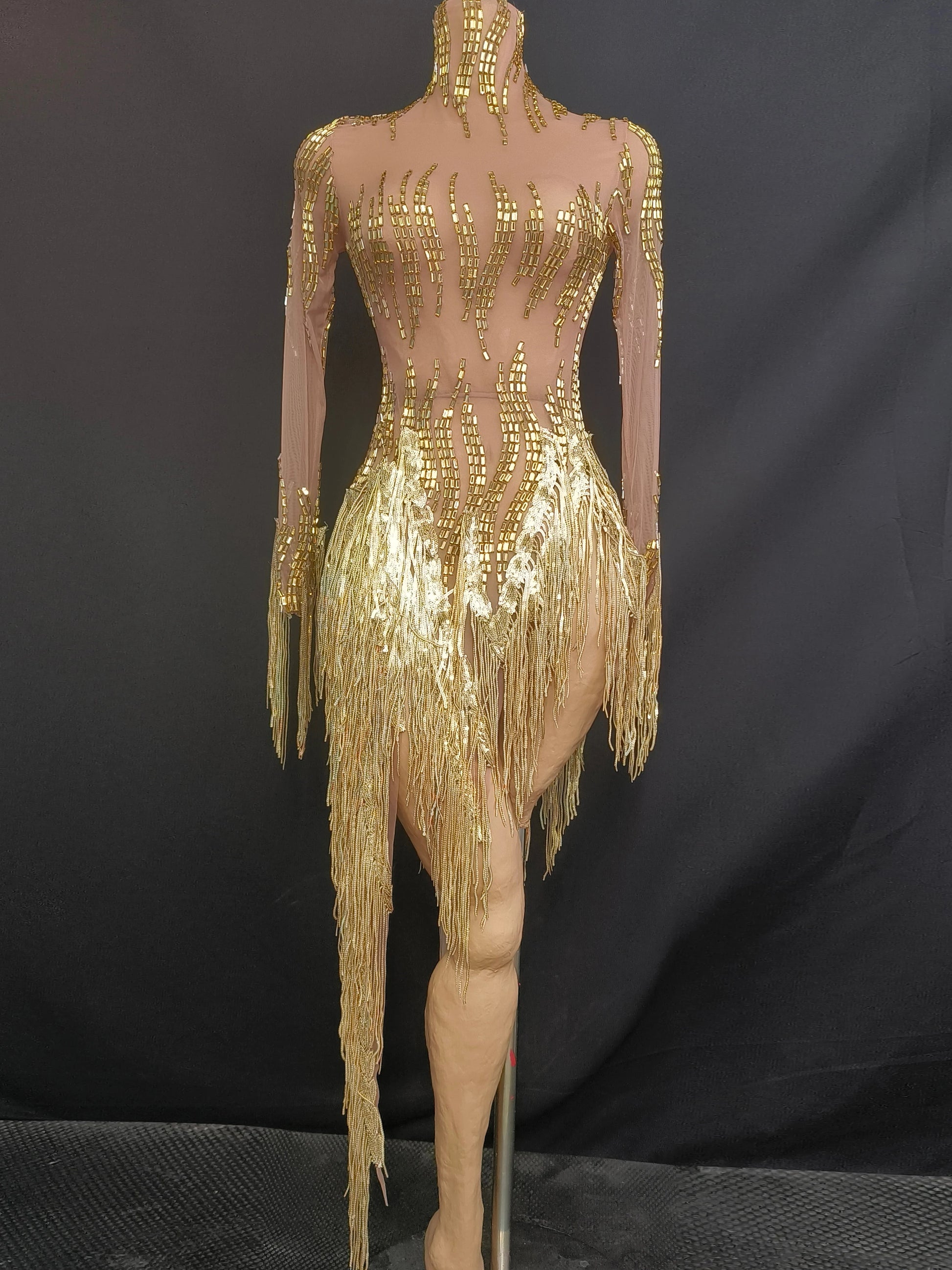 See Through Dress Rhinestone Sequins Tassel Sexy Mesh Women Evening Birthday Party Nightclub Dance Singer Stage Perform Outfit Gold