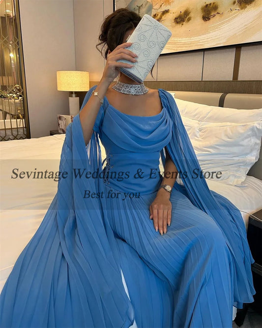 Elegant Blue Arabia Chiffon Prom Dresses Scoop Long Cape Sleeves Pleated Party Growns فساتين للحفلات الراقصة