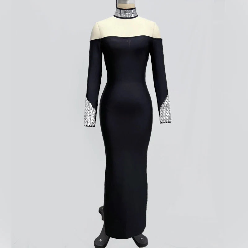 Fashion Sexy European And American Women Long Sleeve Black Sexy Round High Neck Color Long Sleeve Diamond Decoration Slim Dress