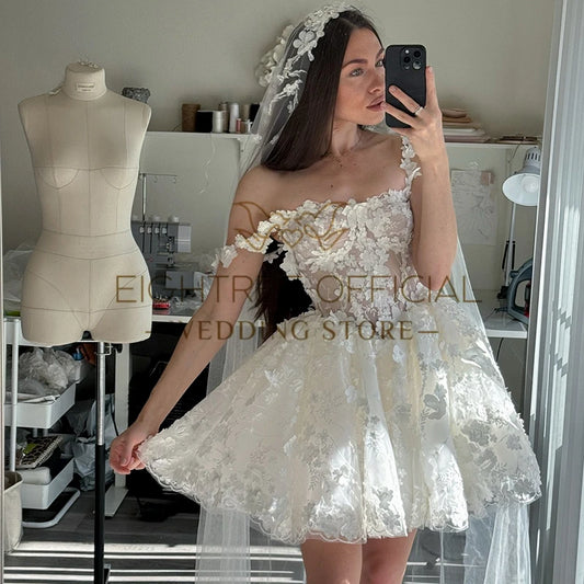 A-Line Wedding Dresses Sweetheart Princess Appliques Lace Bride Dress Boho Beach Short Wedding Prom Gown Plus Size