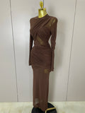 Women Elegant Brown Mesh Fold Long Sleeve Bodycon Dress Evening Party Club Sexy Perspective Fashion Luxury Birthday Dresses