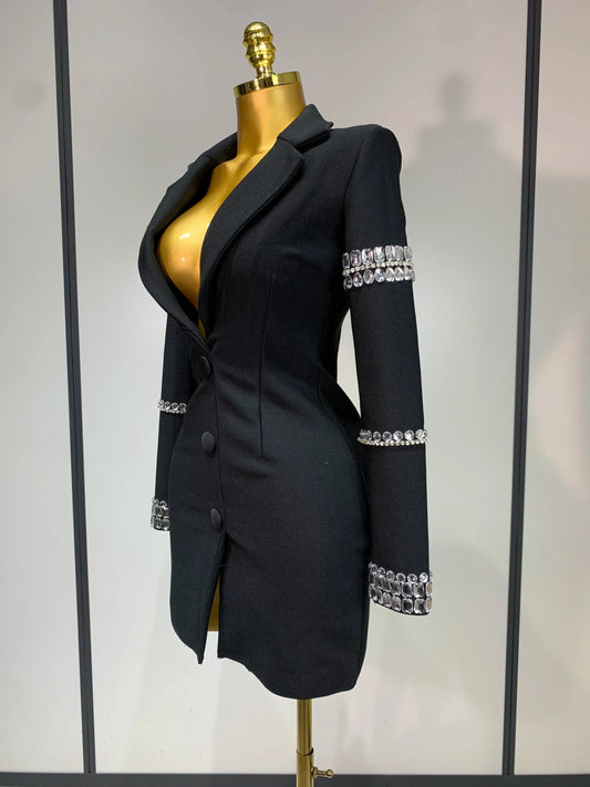 Women Sexy Long Sleeve V Neck Beading Rhinestone Mini Bodycon Bandage Dress Celebrity Elegant Evening Party Birthday Dress