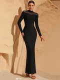 2025 Elegant Women's Wear Light Luxury Hot Diamond Tulle Patchwork Bandage Dress Stand Collar Long Sleeve Bodycon Long Dresses black