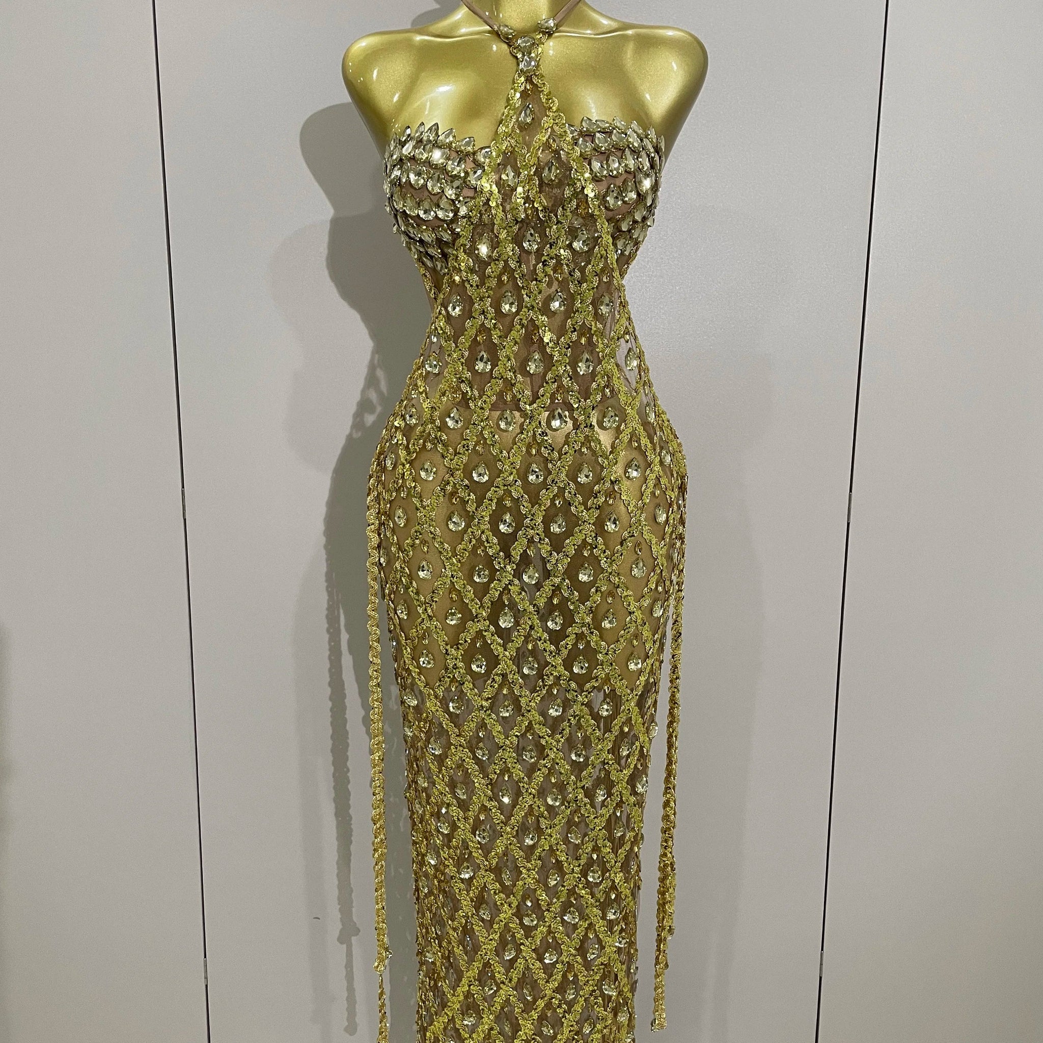 Sexy Sparkly Gold Rhinestones Sleeveless Mesh Two Piece Long Dress Women Birthday Party Celebrate Prom Stage Costume Gold