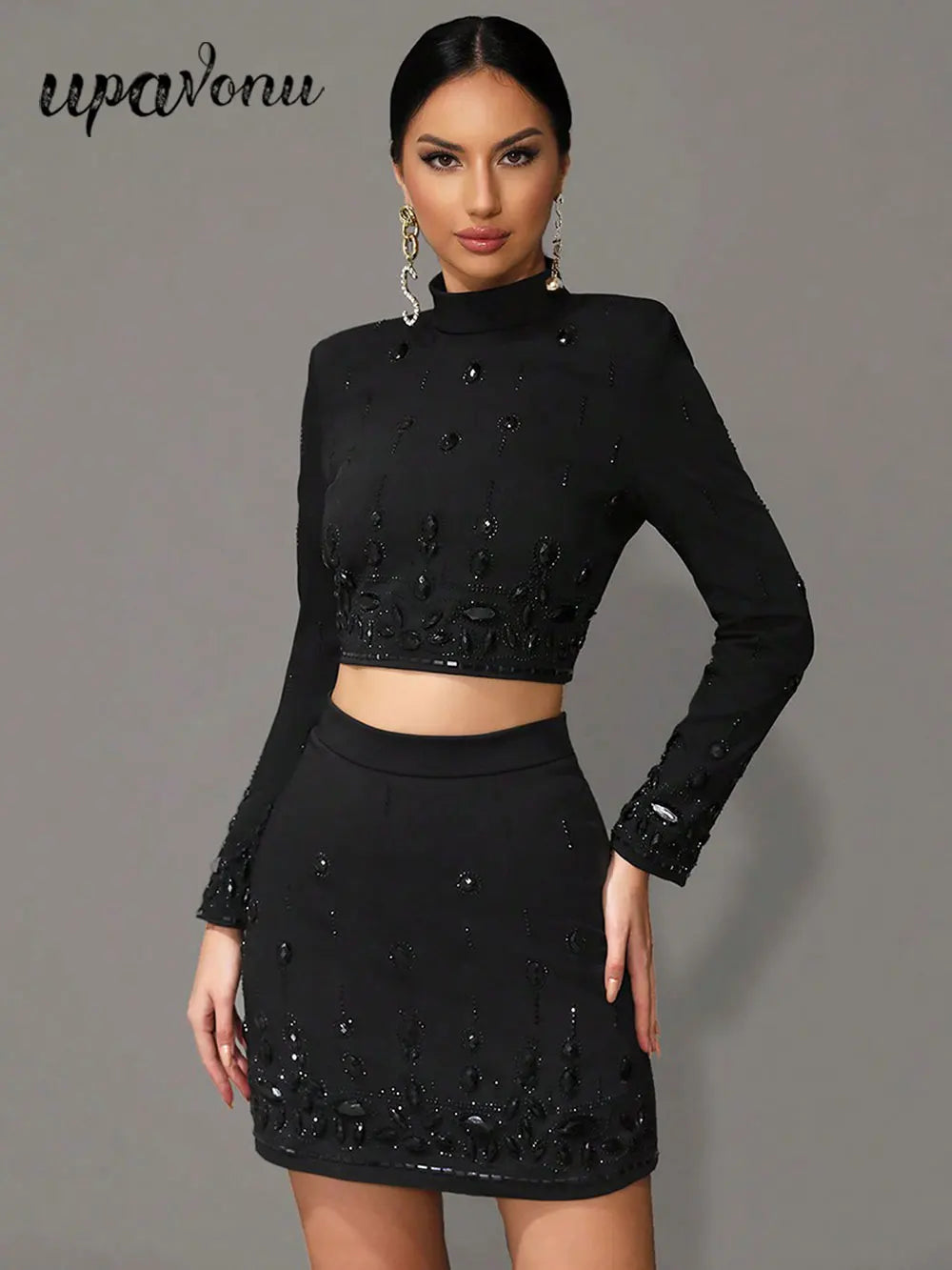 Women Heavy Industry Hot diamond Suit Short Skirt Set with Stand Collar Long Sleeve Hoodie Short Top+Mini Skirt Two Piece Set