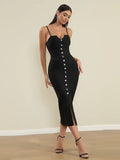 Sexy Women'S Bandage Dress Spaghetti Strap Sleeveless Rhinestone Button Design Bodycon Backless Split Midi Dresses Vestidos