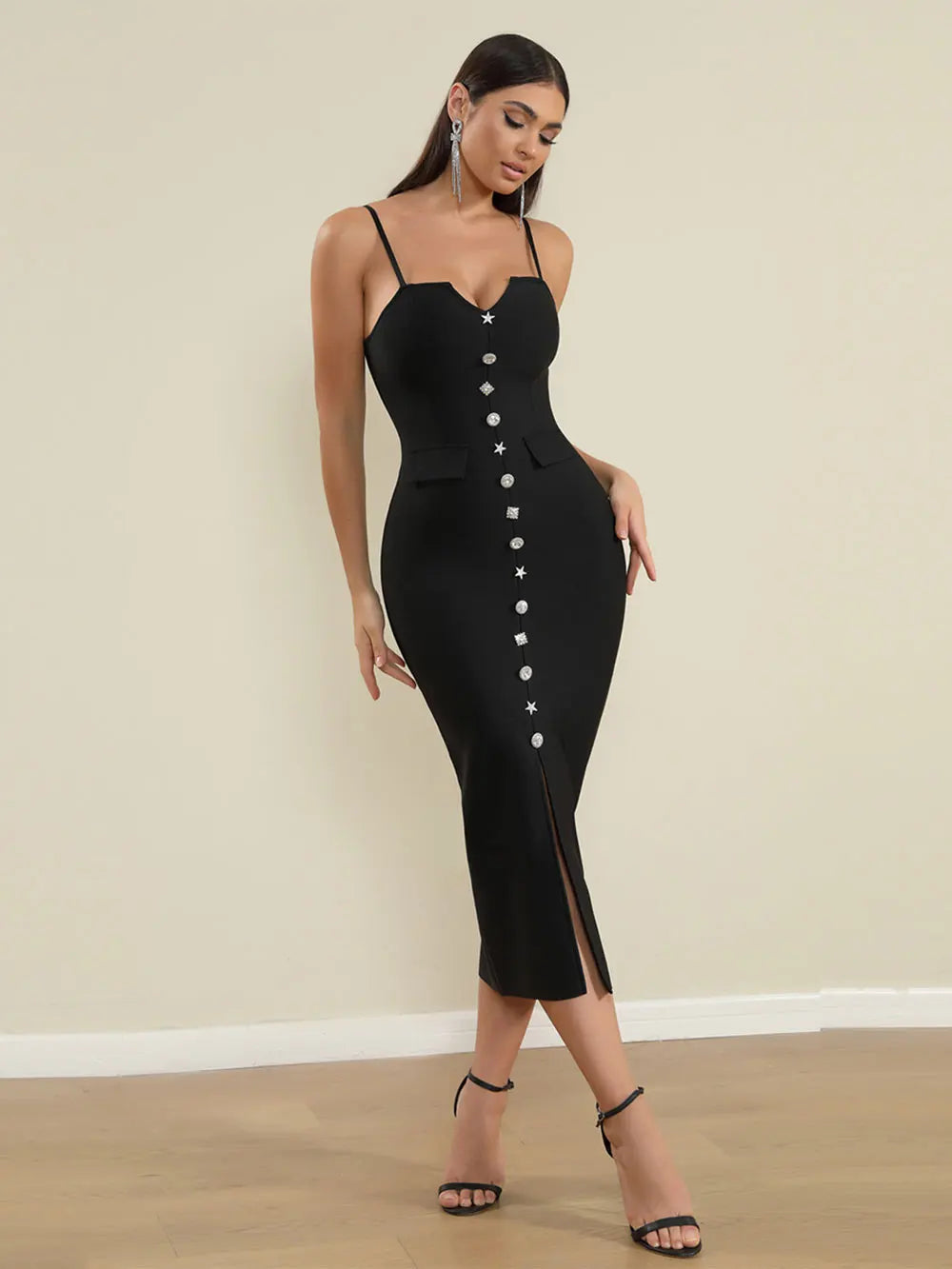 Sexy Women'S Bandage Dress Spaghetti Strap Sleeveless Rhinestone Button Design Bodycon Backless Split Midi Dresses Vestidos
