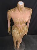 See Through Dress Rhinestone Sequins Tassel Sexy Mesh Women Evening Birthday Party Nightclub Dance Singer Stage Perform Outfit