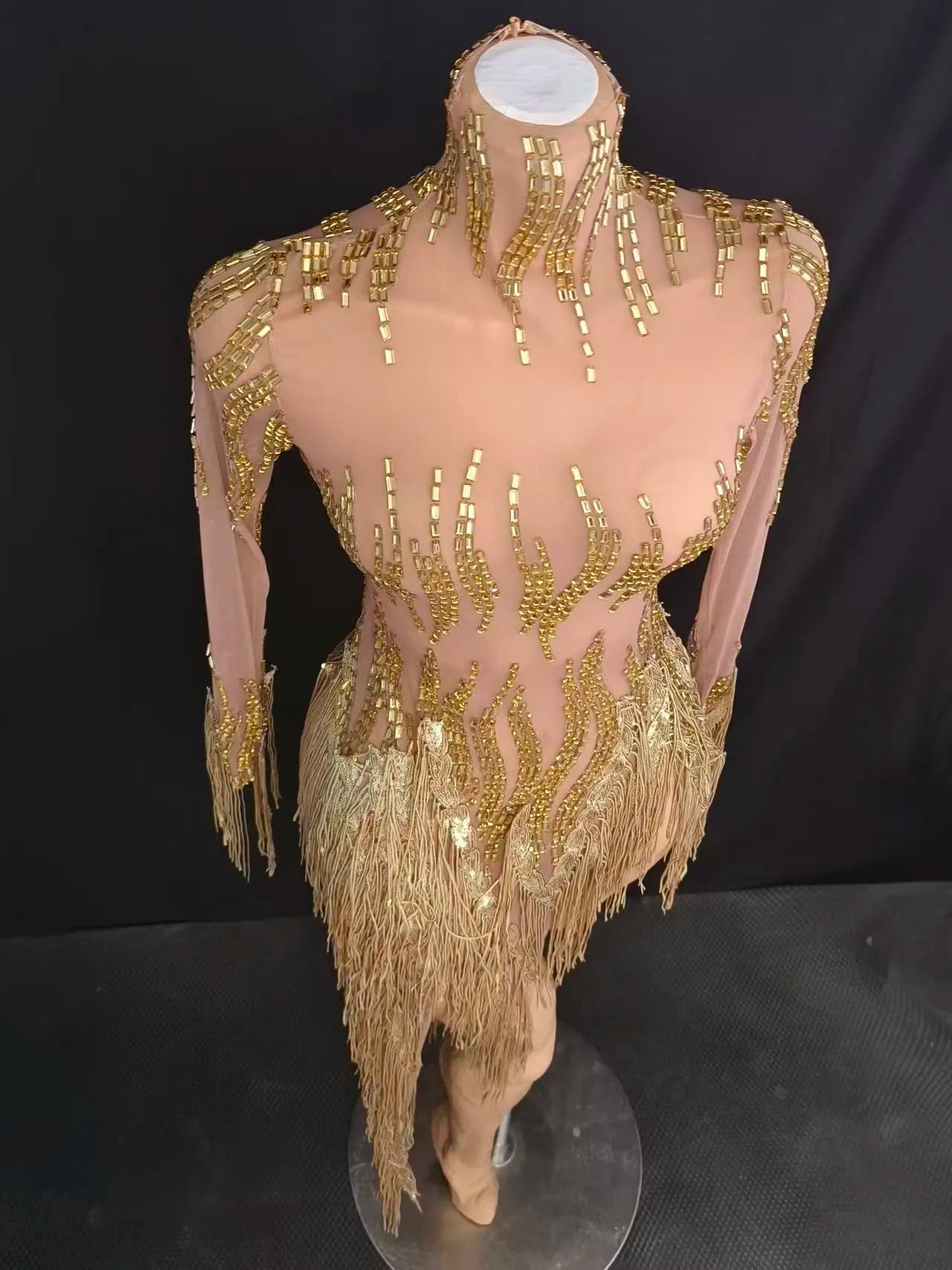 See Through Dress Rhinestone Sequins Tassel Sexy Mesh Women Evening Birthday Party Nightclub Dance Singer Stage Perform Outfit