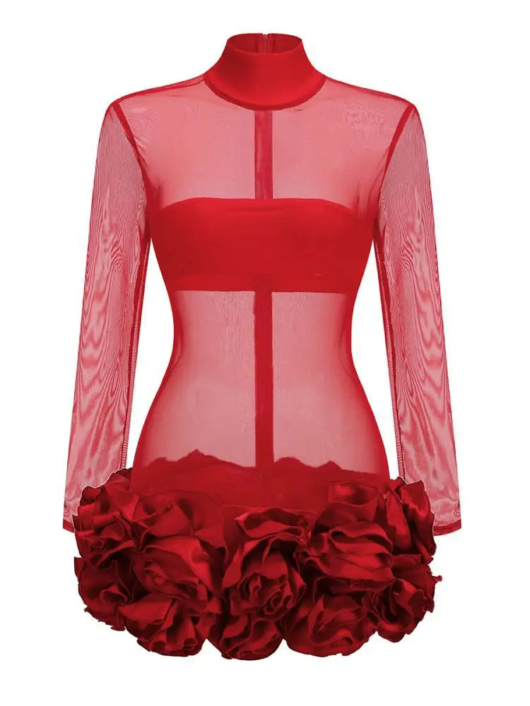 Red Color Women Long Sleeve Sexy Mesh See Through Florals Ball Gown Mini Dress Nightclub Party Celebrate Performance Stage Wear