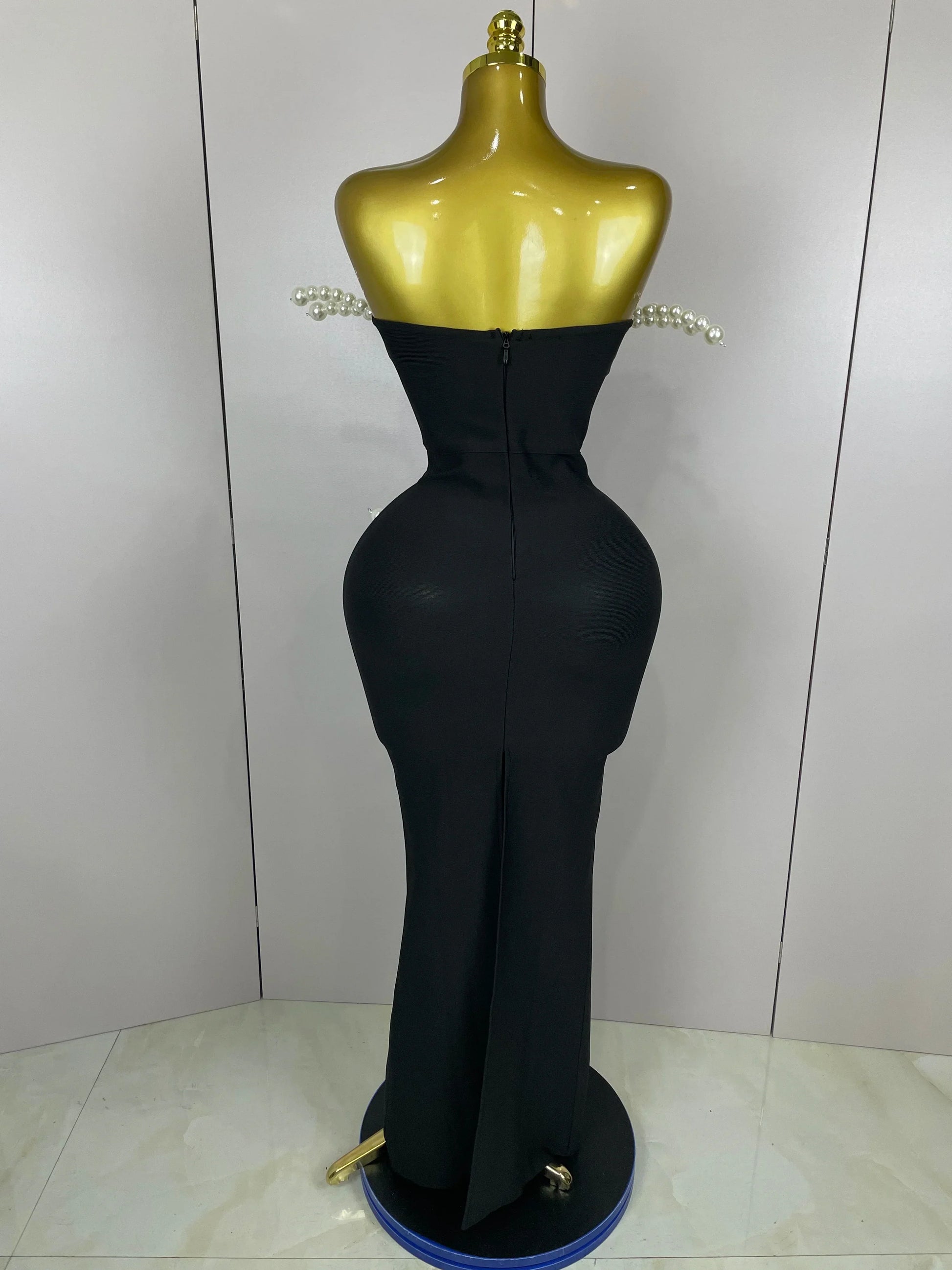 Sexy Strapless Pearl Beading Bodycon Long Bandage Dress Women Fashion Elegant Evening Party Luxury Birthday Dresses