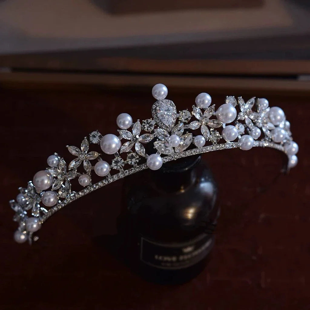 Crystal Rhinestones Tiaras and Crowns Pearl Diadem Women Bride Prom Pageant Headband Bridal Hair Jewelry Wedding Accessories b