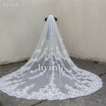 118" Long, 110" Wide 1 Layer Lace Applique Wedding Veil Cathedral Length Bridal Veil with Comb White