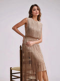 Tassel Patchwork Party Fashion Midi Dress Women Summer Sleeveless Solid High Street Ladies Vestidos