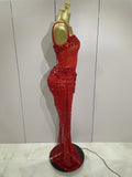 Sparkly Red Rhinestones Sequins Sexy See Through 2PCS Long Dress Women Celebrate Evening Birthday Party Dress Stage Costumes