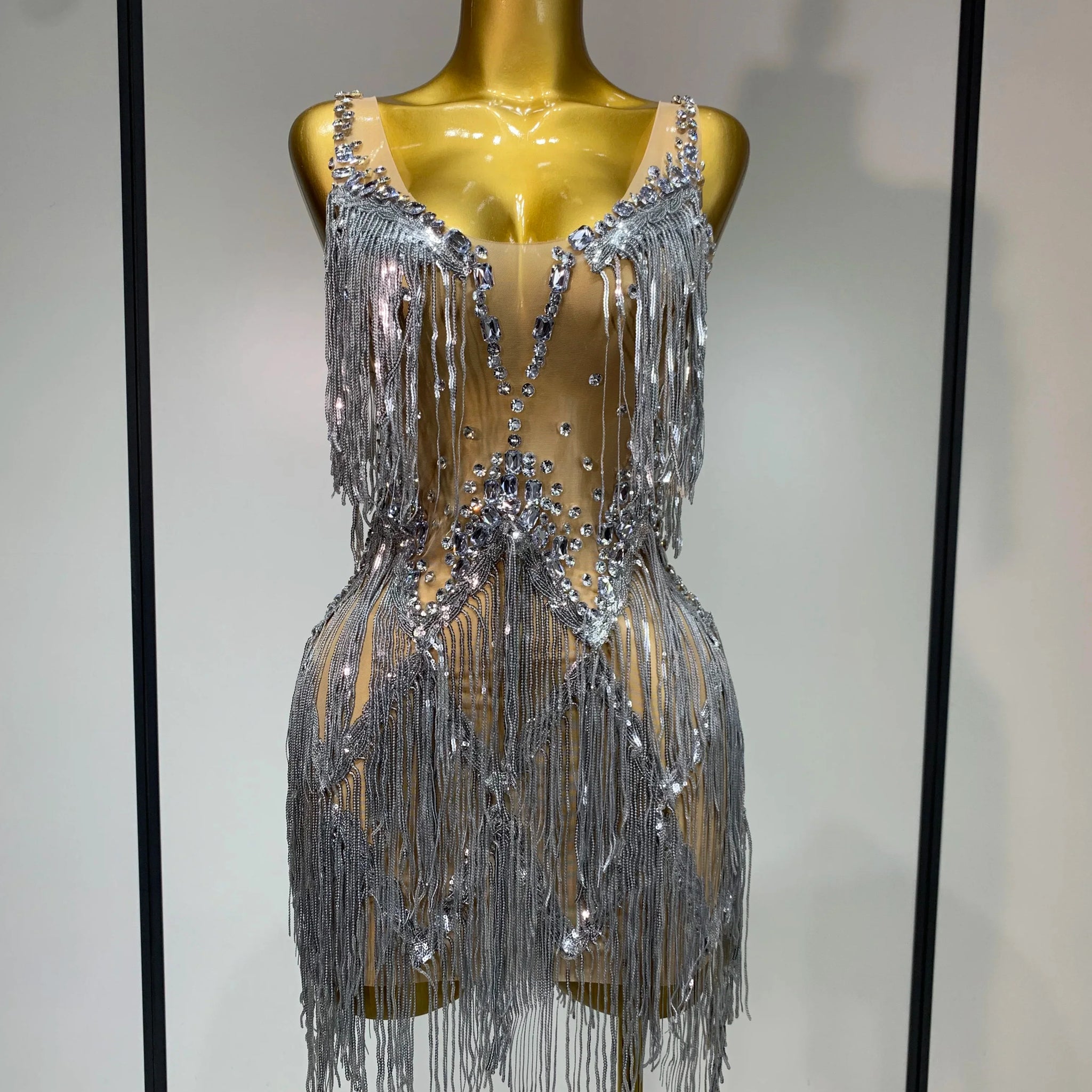 Sparkly Rhinestone Tassels Sexy Mesh See Through Dress Women Evening Party Luxury Birthday Nightclub Perform Stage Costume Silver