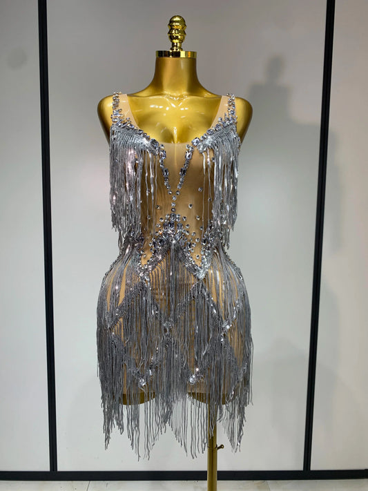 Sparkly Rhinestone Tassels Sexy Mesh See Through Dress Women Evening Party Luxury Birthday Nightclub Perform Stage Costume Silver
