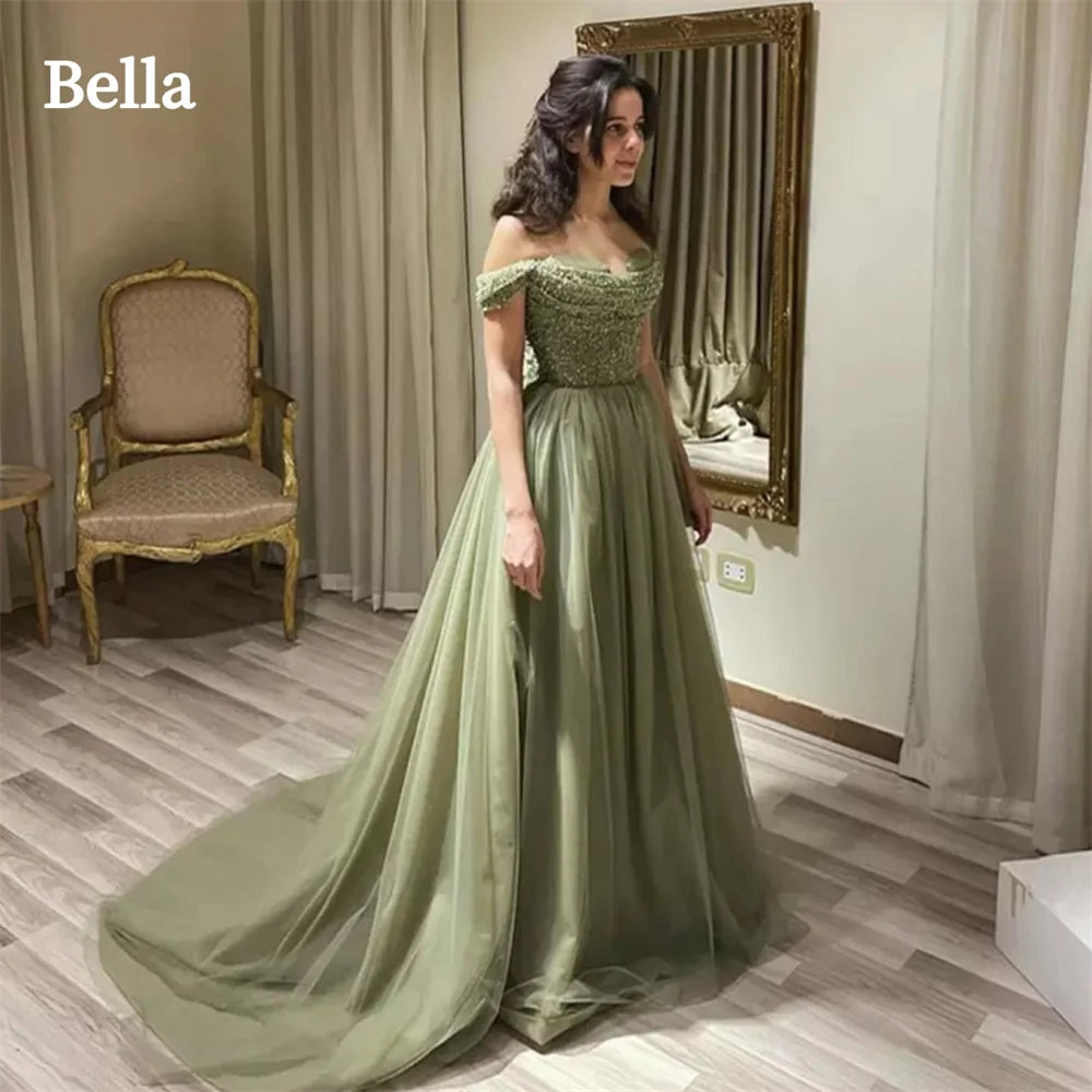 Green Shiny Sequins Prom Dresses Off the Shoulder Tulle Wedding Dress Elegant Sleeveless Floor-Length Vestidos De Fiesta