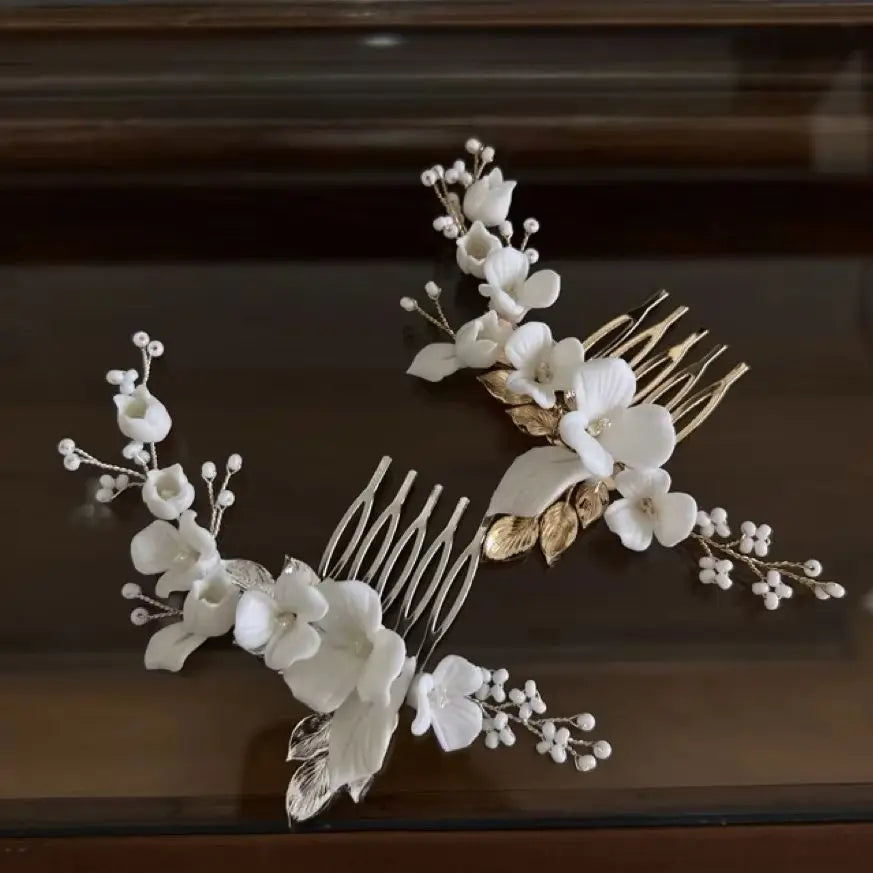 Bridal Jewelry Porcelain Flower Hair Comb Pin Clip Head Pieces Brides Bridemaids Gold Silver Color Hairpins Wedding Accessories