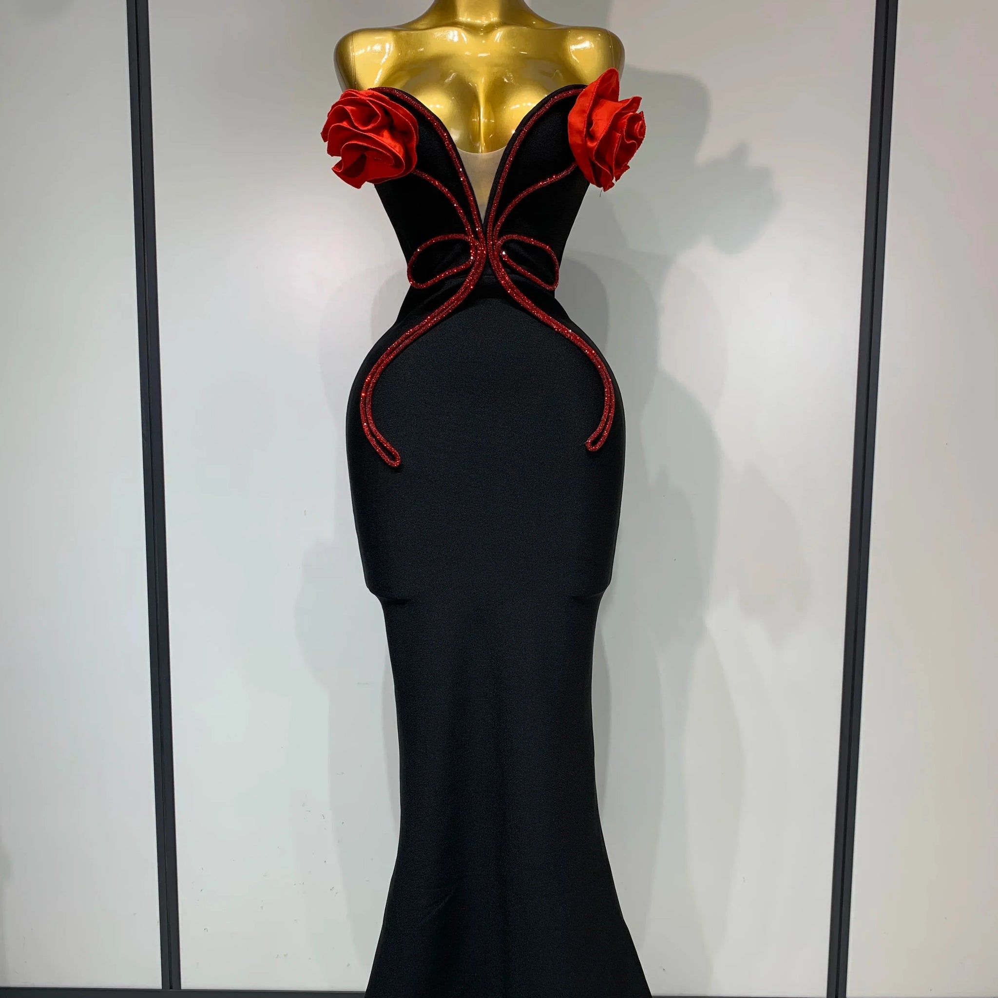 Sexy Strapless Flower Appliques Sexy Diamond Bodycon Bandage Mermaid Dress Celebrity Evening Runway Party Club Birthday Dress black