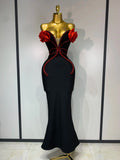 Sexy Strapless Flower Appliques Sexy Diamond Bodycon Bandage Mermaid Dress Celebrity Evening Runway Party Club Birthday Dress black