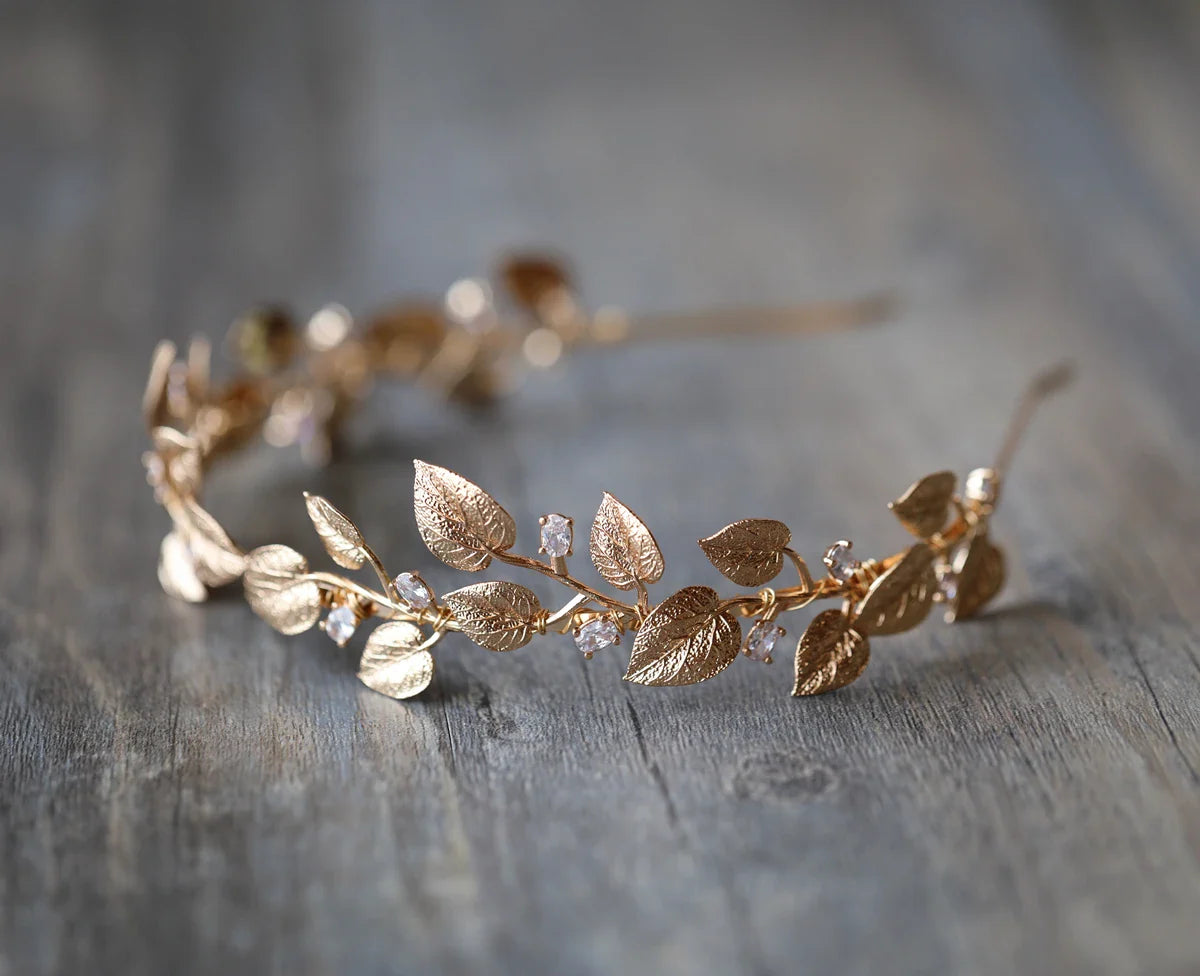 Wedding Hair Accessories Zircon Crystal Tiaras and Crowns Vintage Gold Color Headband For Brides Leaf Headpiece Bridal Jewelry
