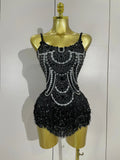 Sparkly Silver Rhinestones Pearl Tassels Bodysuit Women Sexy Eveing Birthday Party Nightclub Stage Performance Costume black
