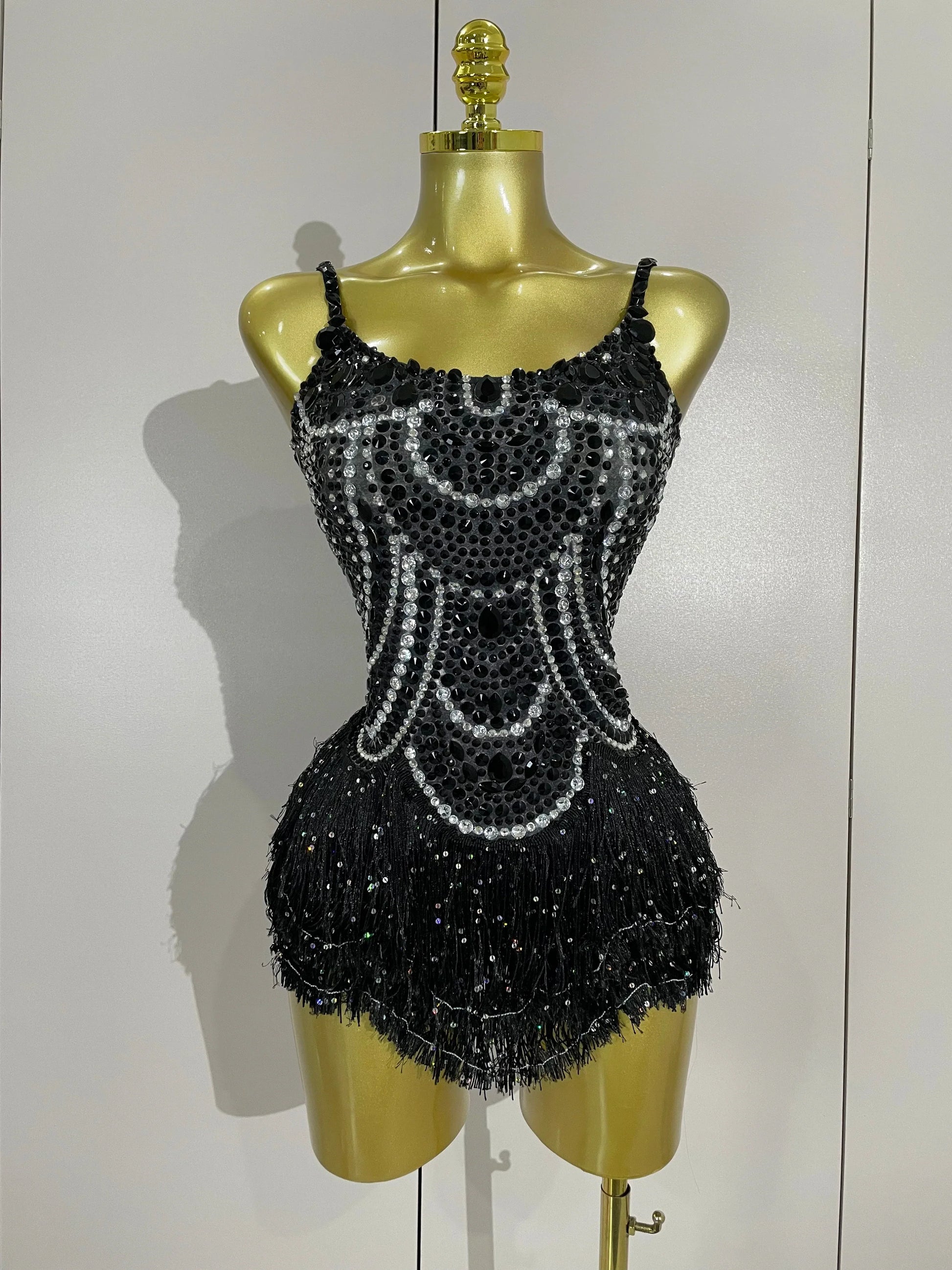 Sparkly Silver Rhinestones Pearl Tassels Bodysuit Women Sexy Eveing Birthday Party Nightclub Stage Performance Costume black