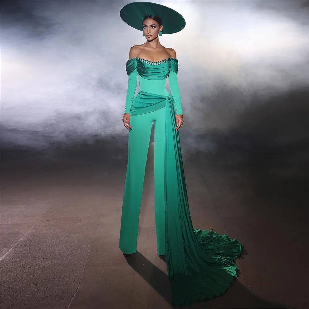 Modern Mint Green Evening Dress Satin Off The Shoulder Pleatrd Sweep Train Floor Length Evening Dress robes de soirée As Picture