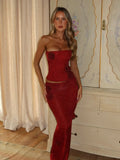 Red Color Women Sexy Shinning Florals 2 Pieces Bodycon Long Dress Celebrate Nightclub Party Birthday Fashion Outfit