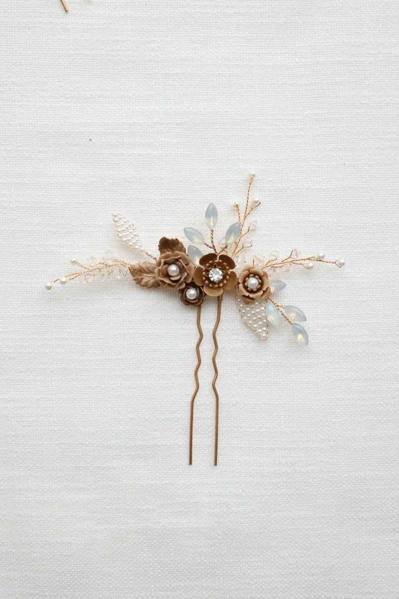 Bridal Jewelry Rhinestones Pearl Hair Pin Clip Leaf Flower Head Piece Brides Gift Vintage Gold Color Hairpin Wedding Accessories 3