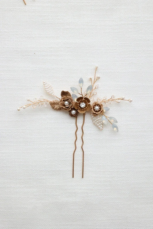 Bridal Jewelry Rhinestones Pearl Hair Pin Clip Leaf Flower Head Piece Brides Gift Vintage Gold Color Hairpin Wedding Accessories 3