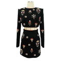 2024 Elegant Women's Light Luxury Nail Bead Short Skirt Set O-neck Long Sleeve Ultra Short Top+Mini Skirt Two piece Set black