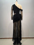 Women's Light Luxury Lace Maxi Dress Diagonal Collar Lace Long Sleeve Bodycon Draped Split Sexy Long Dresses Party Vestidos