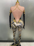 Sparkly Gold Rhinestones Jumpsuit With Gloves Women Sexy Printed Party Nightclub Bar Singer Stage Performance Costume