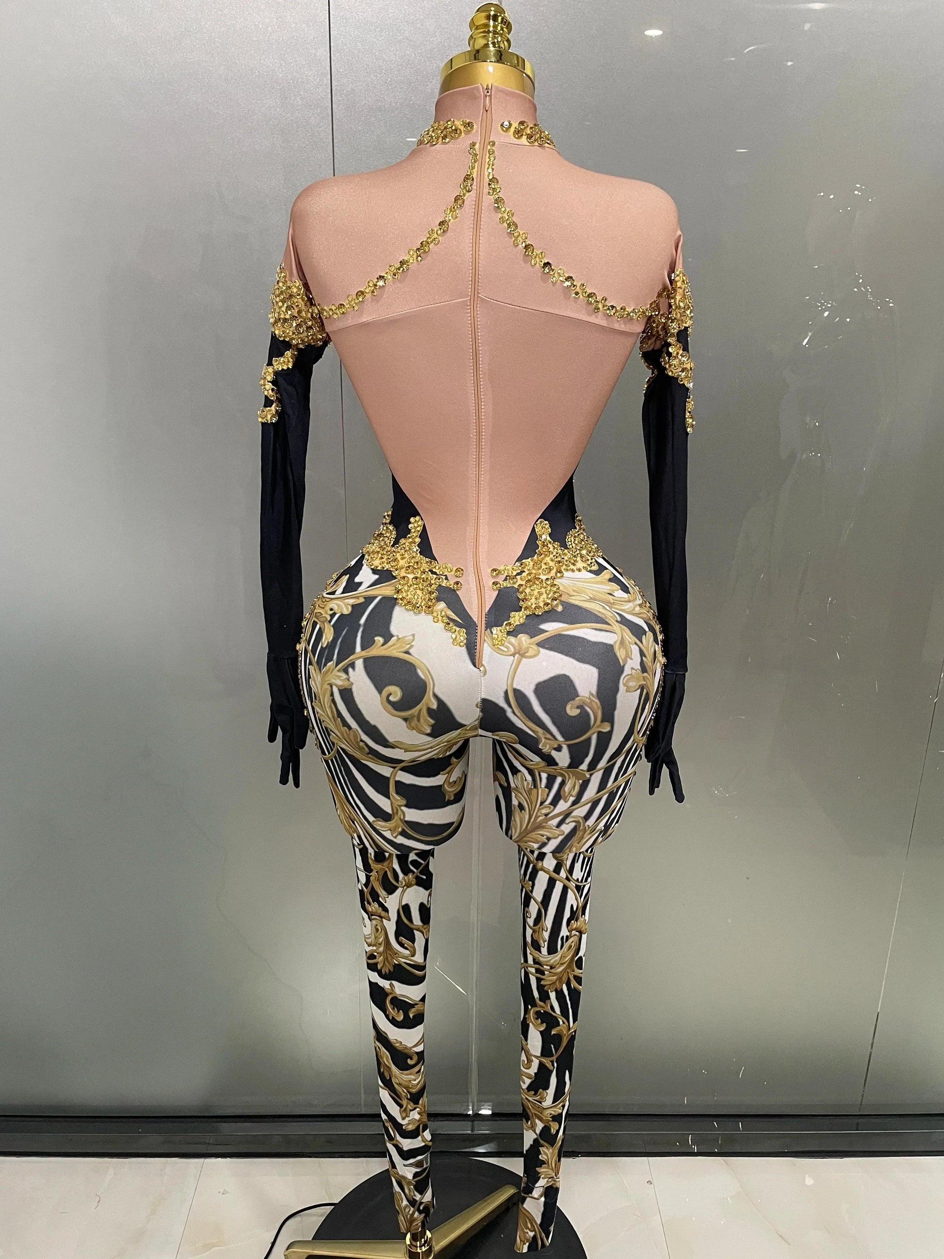 Sparkly Gold Rhinestones Jumpsuit With Gloves Women Sexy Printed Party Nightclub Bar Singer Stage Performance Costume