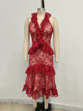 Sexy Lace Midi Halter Dress Women Red Ruffle Backless Sleeveless Party Dresses Summer Lady Vacation Robes New