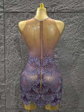 Purple Color Women Sexy Sleeveless Shinning Dimonds Bodycon Mini Dress Mesh See Through Celebrate Birthday Party Stage Wear