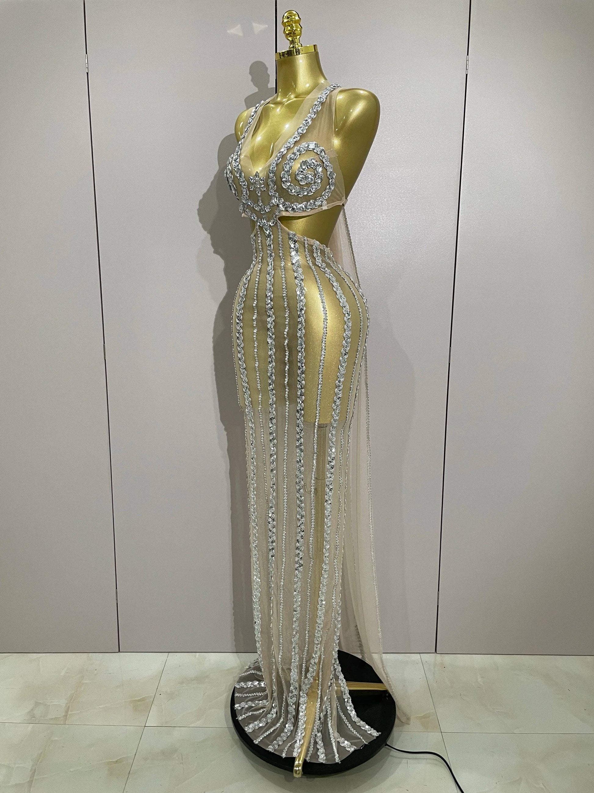 Luxury Sparkly Diamonds Sequins Sexy Mesh See Through Long Dress Women Celebrate Birthday party Dresses Festival Costume